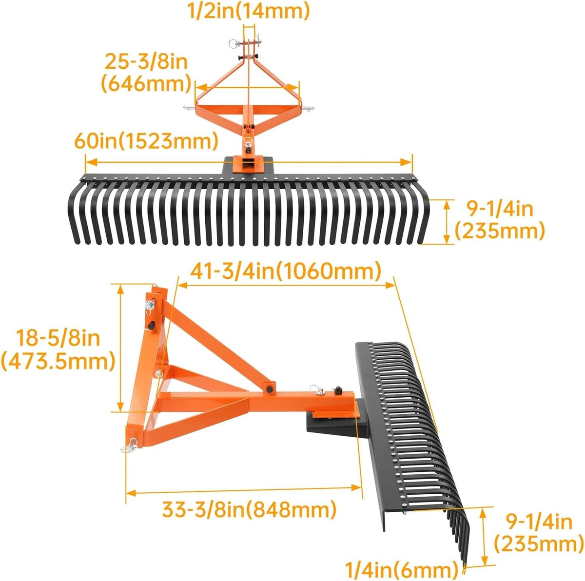60'' 3 Point Landscape Rock Rake for Category 1 Tractor Attachment Gravel Lawn