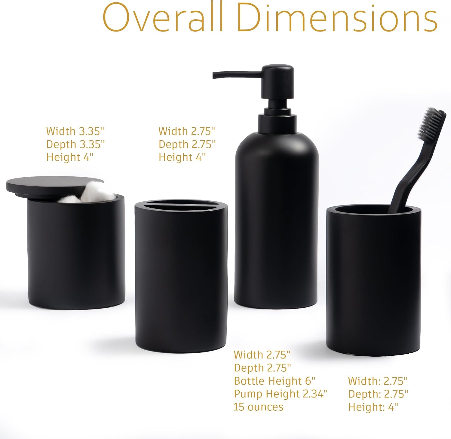 Bathroom Accessory Set - 4 Pcs Matte Black Bathroom Set with Toothbrush Holder, Soap Dispenser, Tumbler & Cotton Swab