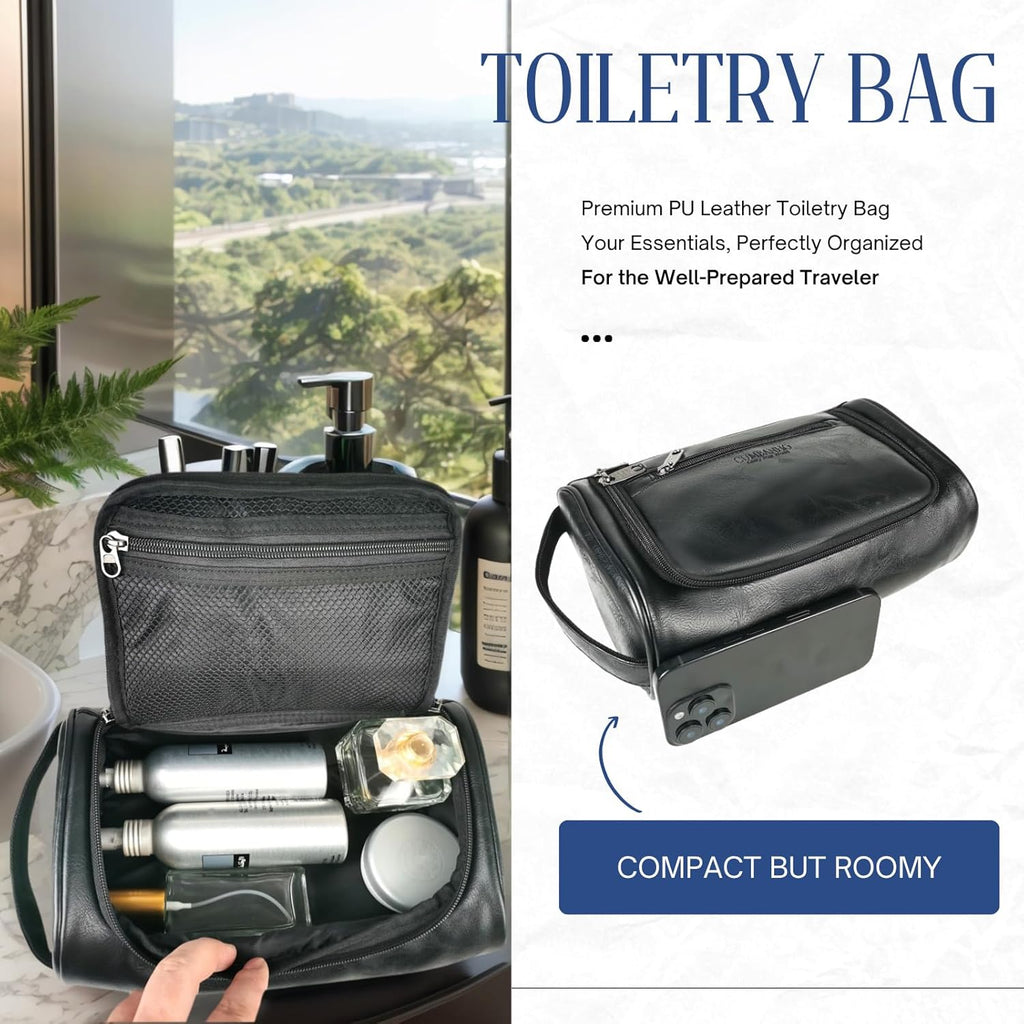 Mens Toiletry Bag,Compact Dopp Kit for Men Travel, PU Leather Shaving Kit, Water-Resistant Minimalist Organizer with