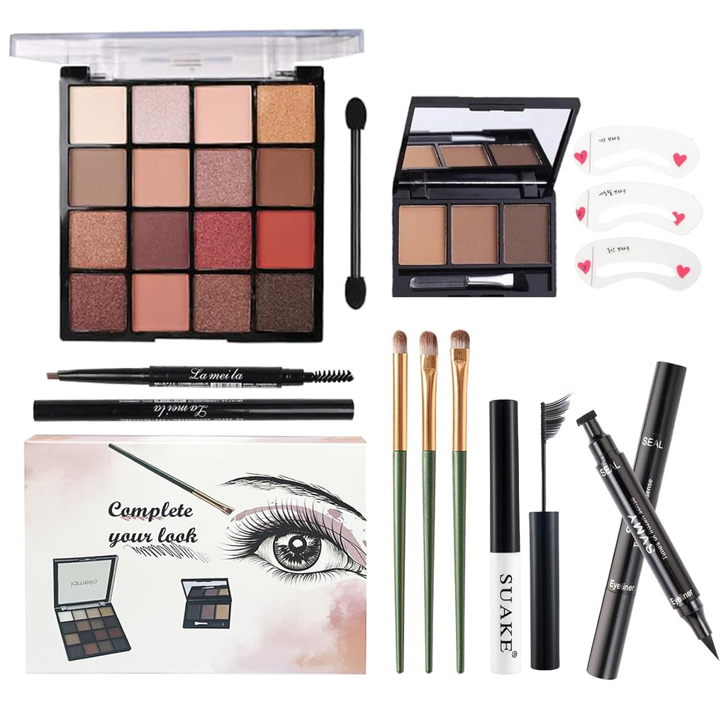 All in One Makeup Kit For Girls - 16 Colors Naked Eyeshadow Palette, 3Pcs Makeup Brushes, Waterproof Eyeliner Pencil