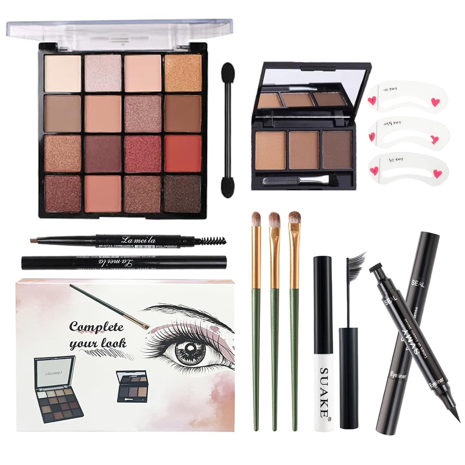 All in One Makeup Kit For Girls - 16 Colors Naked Eyeshadow Palette, 3Pcs Makeup Brushes, Waterproof Eyeliner Pencil