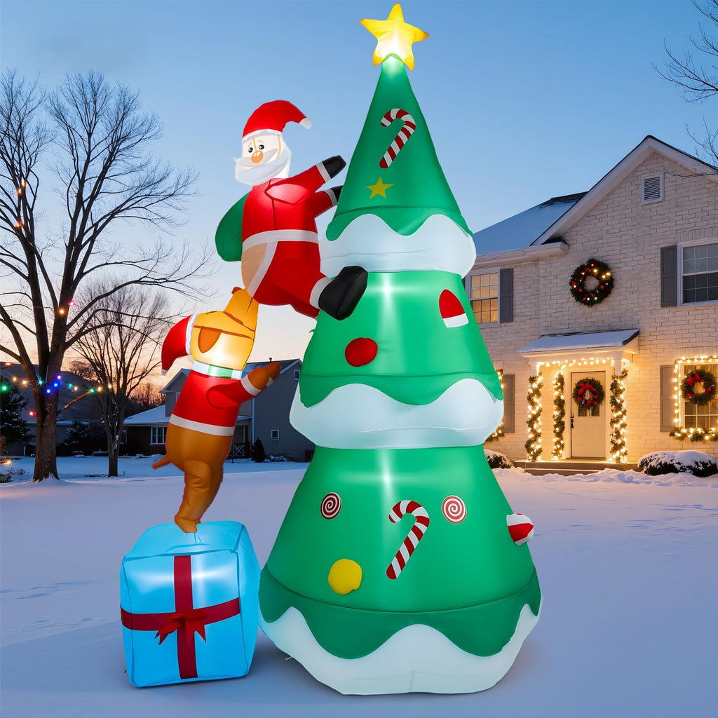 7 FT Inflatable Christmas Tree Built-in Bright LED Lights, Dog Bites Santa Claus Funny Xmas Decor, Blow UP Outdoor
