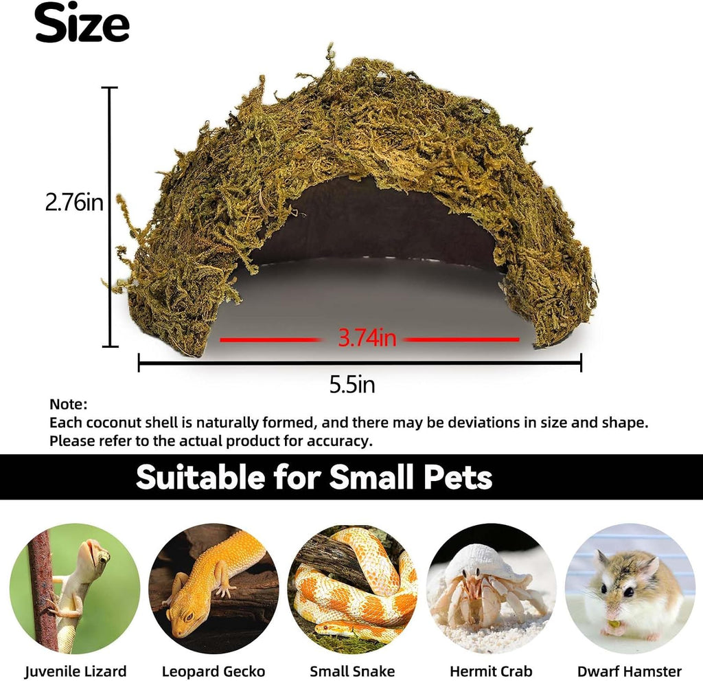 1PCS Leopard Gecko Hide, Coconut Reptile Hides Cave, Snake Hideout Mossy Caves Climbing Hide Reptile Tank Decor for