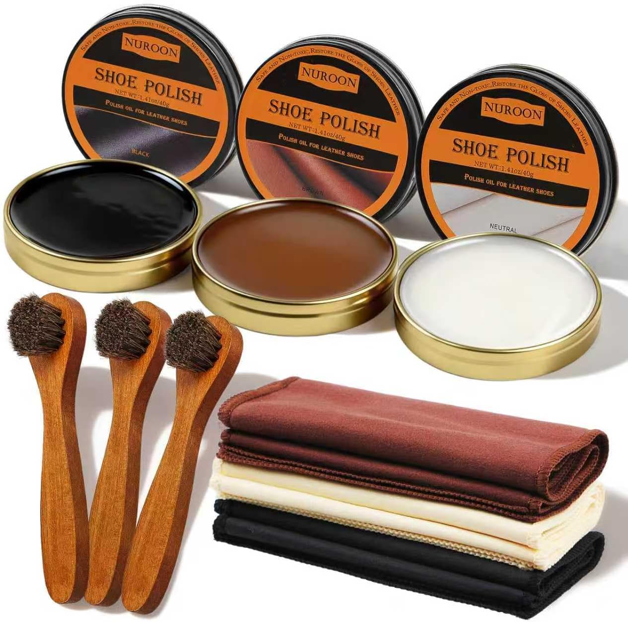 9 Pcs Shoe Polish Kit for Leather Boots, Brown Neutral Black Shoe Polish for Shoes, Leather Shoes Care Shine Kit