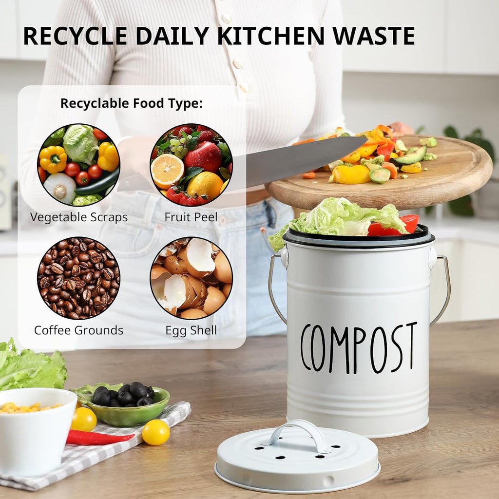 Kitchen Compost Bin, 1 Gallon Countertop Compost Bin with Lid, Indoor Compost Bucket, Includes Inner Bucket Liner and