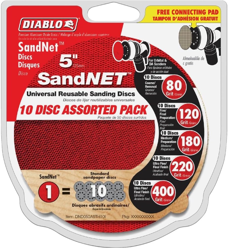 SandNet Reusable Assorted Sanding Discs with Connection Pad for Wood, Metal and Plastics - 5", Multi-Grade Grit