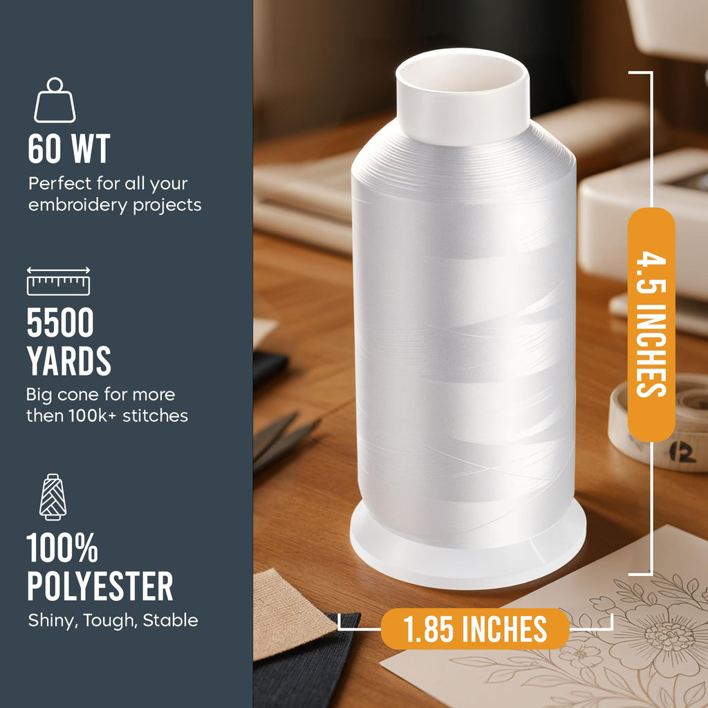 Huge Machine Embroidery Bobbin Thread Cones 60 WT 1 Spool 5500 Yards White