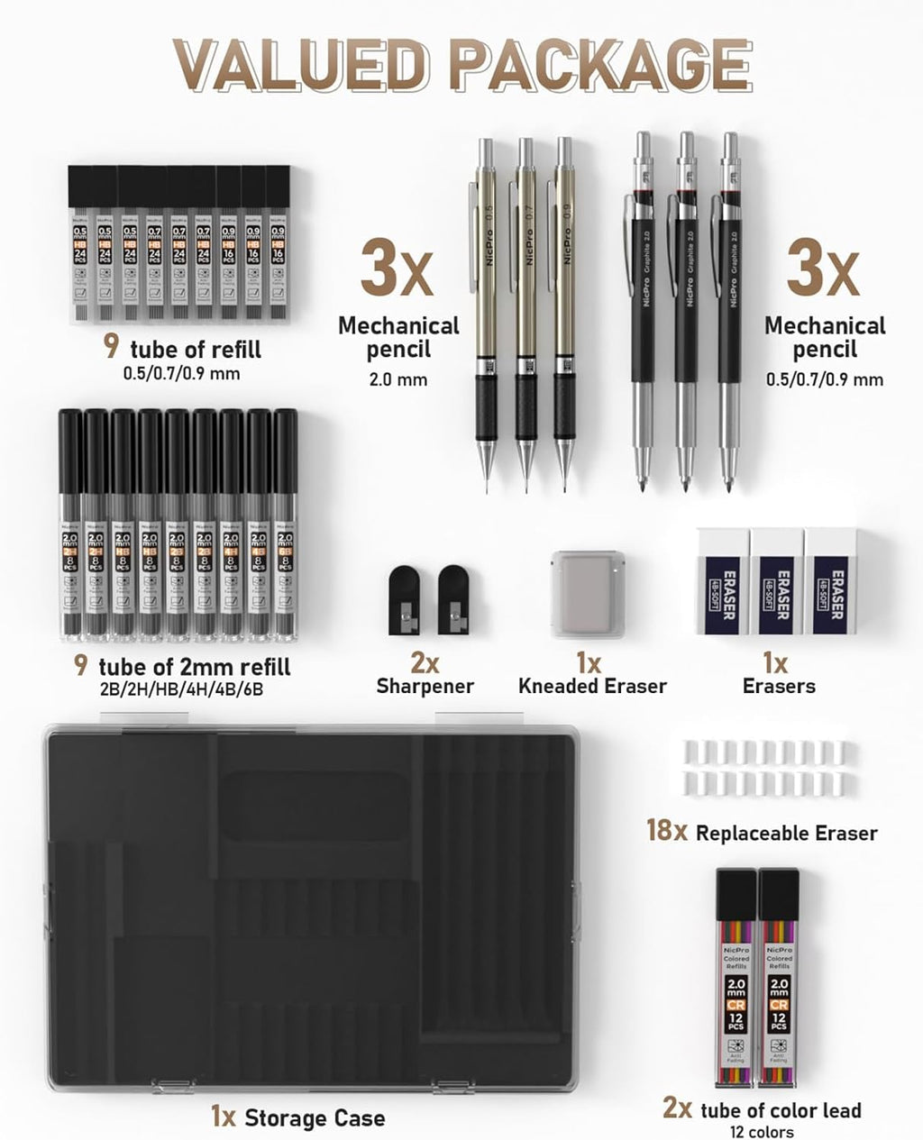 35PCS Art Mechanical Pencil Set, 3 PCS Metal Drafting Pencil 0.5 mm & 0.7 mm & 0.9 mm & 3 PCS 2mm Lead Holder (6B 4B