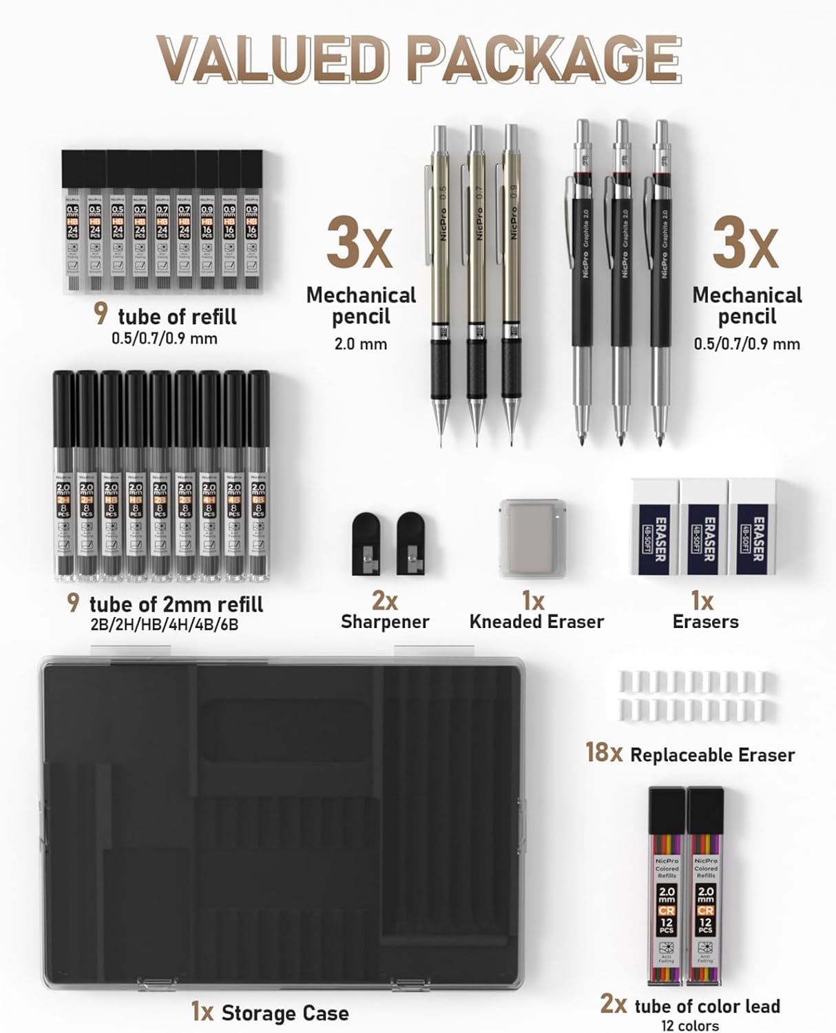 35PCS Art Mechanical Pencil Set, 3 PCS Metal Drafting Pencil 0.5 mm & 0.7 mm & 0.9 mm & 3 PCS 2mm Lead Holder (6B 4B