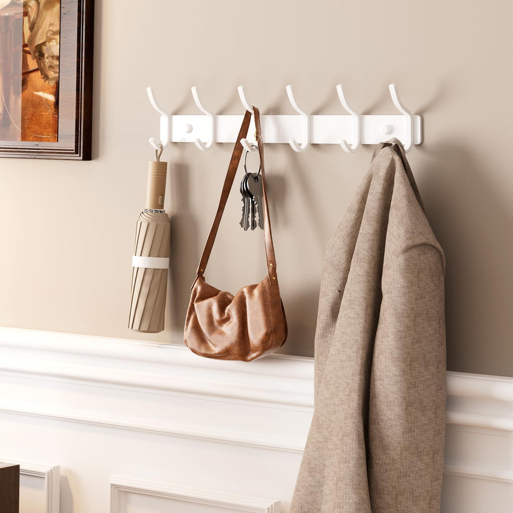 White Coat Rack Wall Mount - 15 Inch Arc Shaped Design with 6 Hooks for Hanging Coats, Bags, and Towels in Entryway