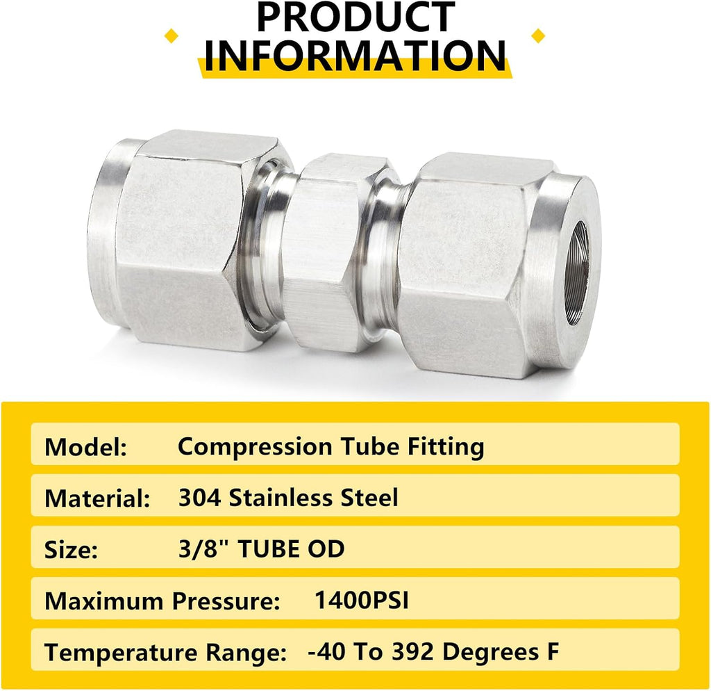 Yoebor 304 Stainless Steel Compression Union 3/8" OD x 3/8" OD Coupling 2pc