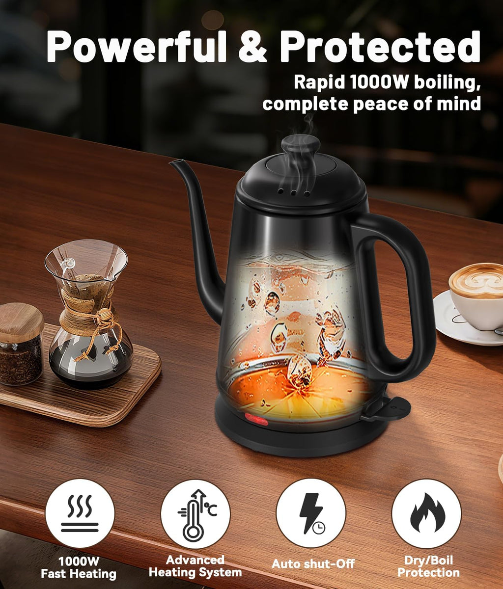 1L Gooseneck Electric Kettle for Pour Over Coffee & Tea | 1000W Fast Heating, Food-Grade Stainless Steel, Auto