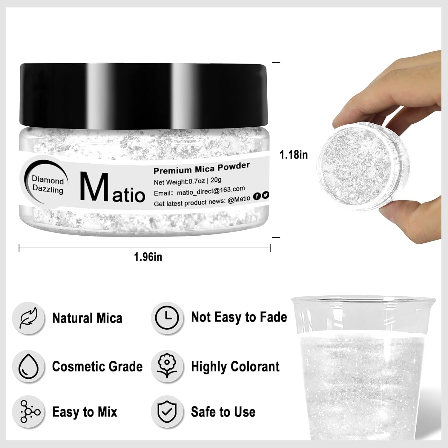 White Glitter Mica Powder, 0.7oz/20g Premium Resin Glitter Powder | Natural Epoxy Resin Color Pigment for Candle