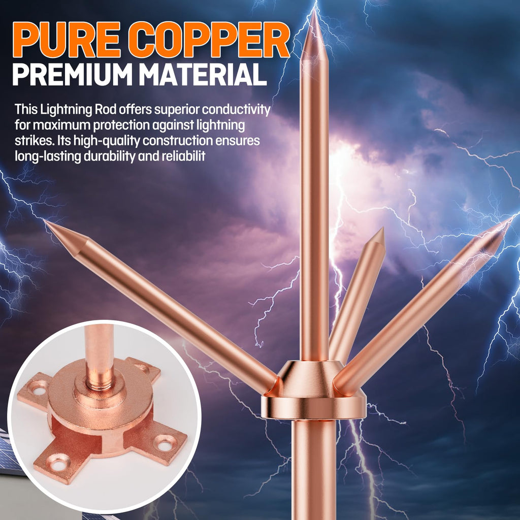 Lightning Rod, Copper Lightning Rod Protection System with Mount Bracket for Eave/Tower/Pole/Sloping Roof (Pole Mount Kit)