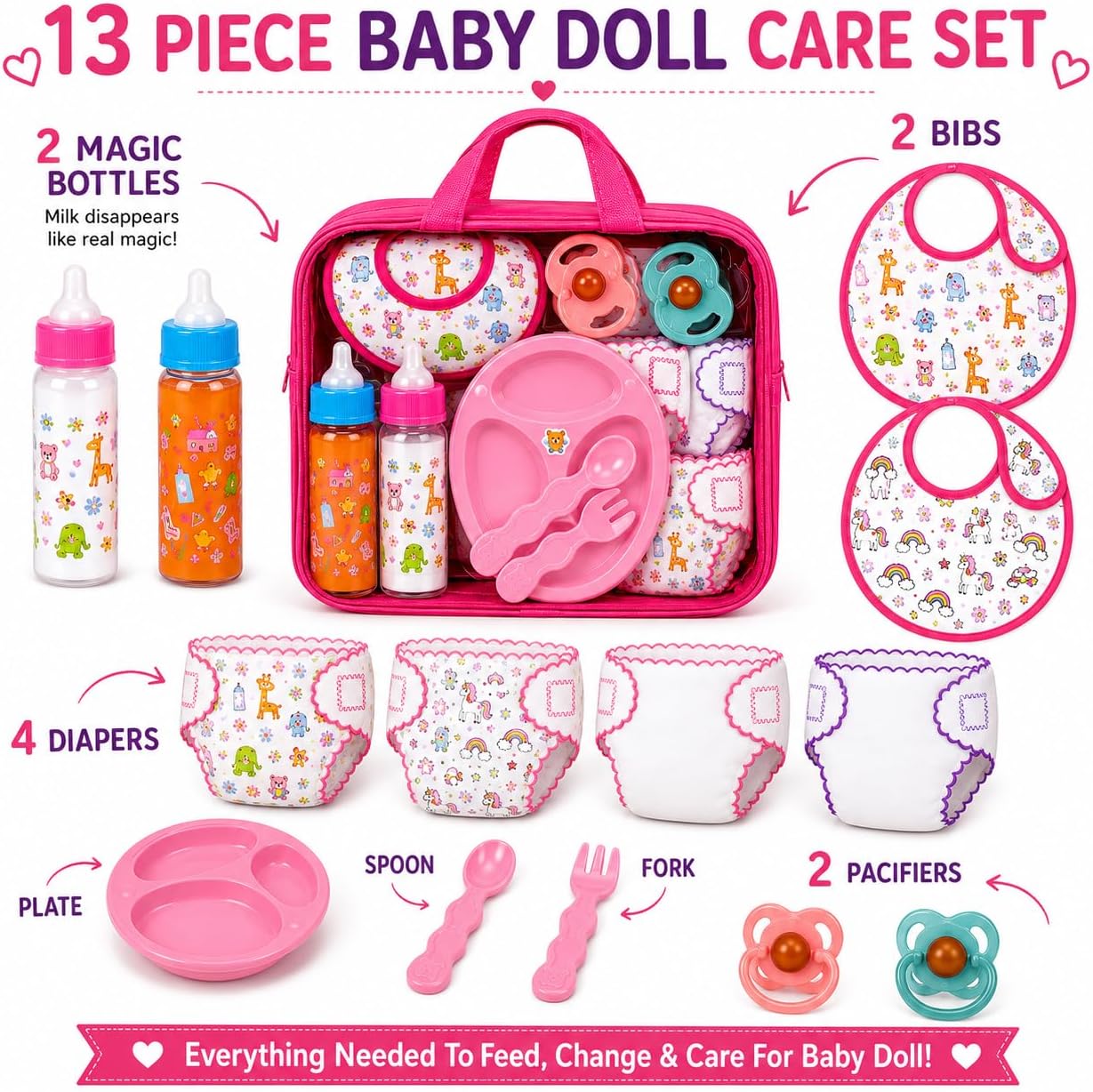 My Sweet Baby 13-Piece Doll Feeding & Diaper Bag Set – Disappearing Milk Bottles, Bibs, Pacifiers, Diapers &