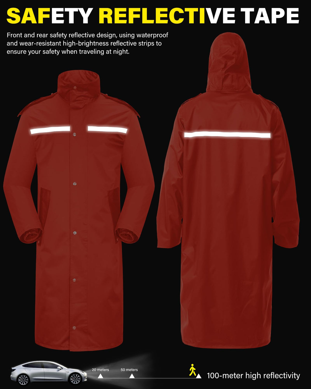 Raincoat Waterproof Hi Vis Reflective Long Rain Jacket Unisex (M, Red)