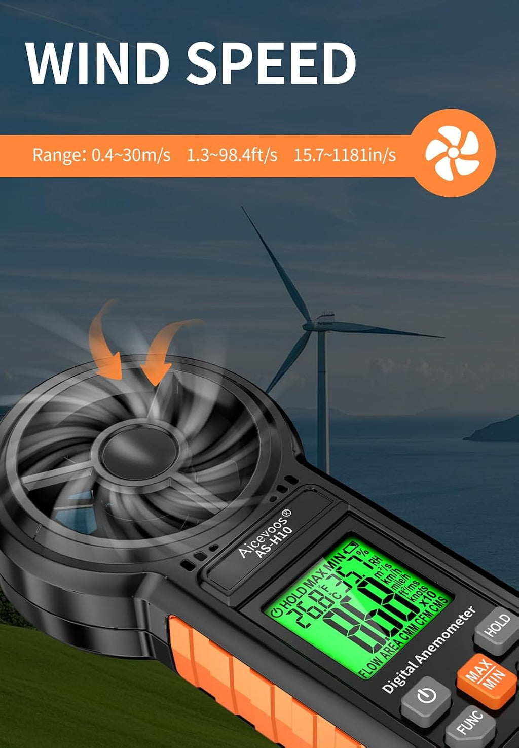 Digital Anemometer Handheld Wind Speed Meter, Measures Wind Speed Wind Flow Temperature and Humidity CFM Air Flow Velocity Meter with Big Backlit Screen