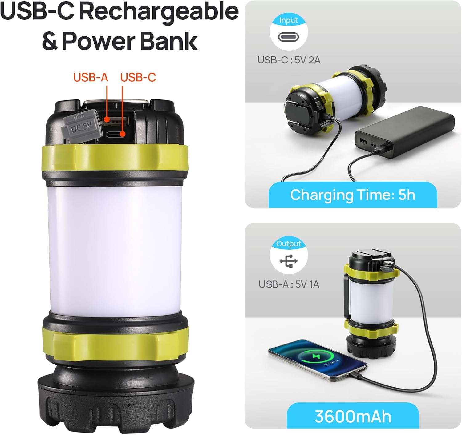 2 Pack LED Camping Lantern Flashlight Rechargeable, 6 Light Modes | 3600mAh Portable Battery Pack, IPX4 Waterproof