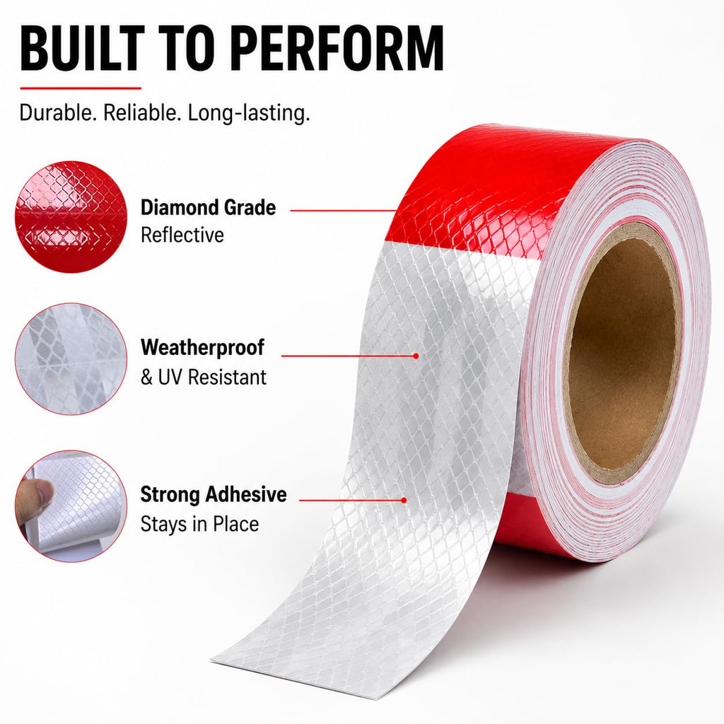 Red White Reflective Safety Tape, 2 In x 33 Yd Self Adhesive Warning Tape