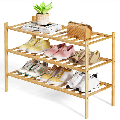 Bamboo Wooden Shoe Rack for Closet, 26.8" Wide - 3 Tiers, Natural