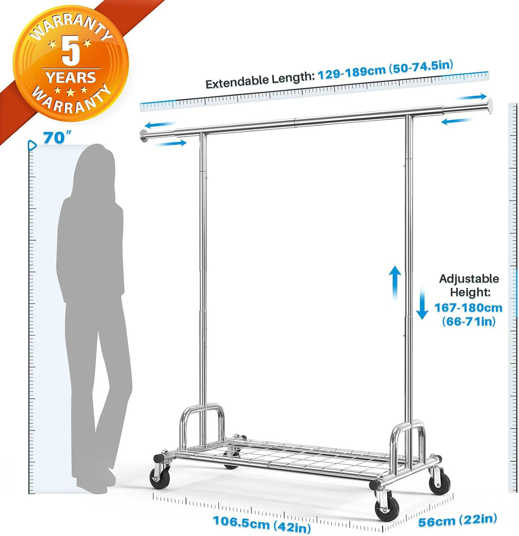 Clothing Garment Rack Capacity 525LBS Collapsible Clothes Rack | Adjustable Clothing Racks on Wheels Rolling Clothes