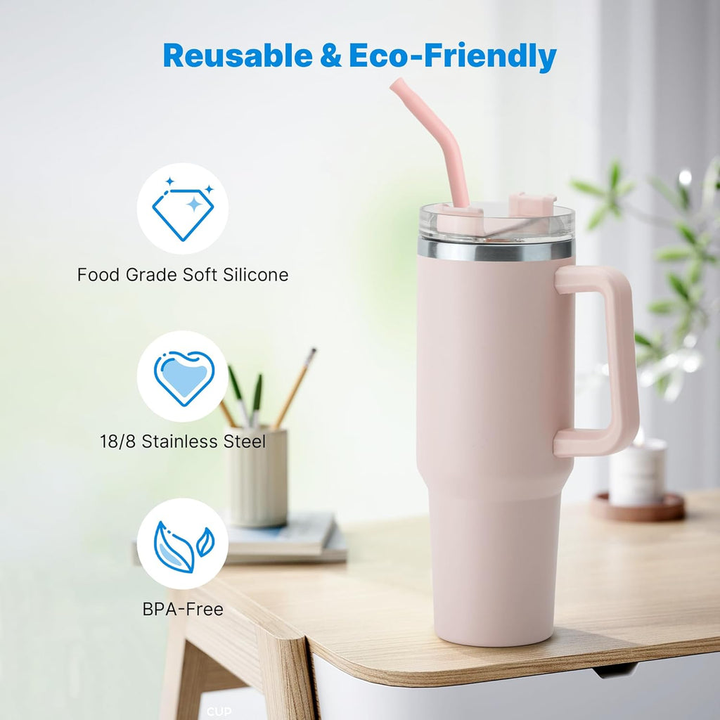 Metal Straw with Silicone Tip for 40oz Stanley Cup, 2 Pcs Stainless Steel Straws Replacement for Stanley 40 oz