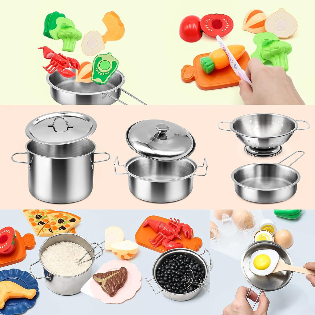 Kids Pretend Play Kitchen Accessories Set, 38Pcs Stainless Steel Play Pots Pans Sets for Kids, Toy Cookware Cooking