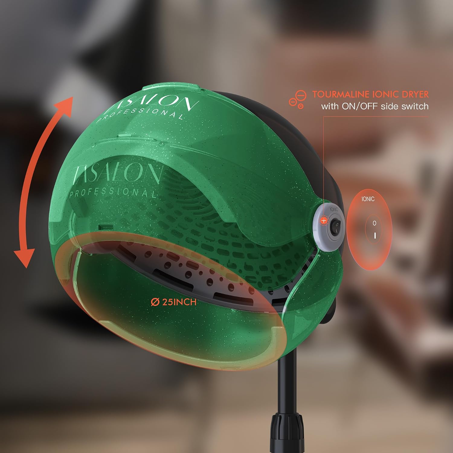 Professional Ionic Hooded 1875W Hair Dryer with 3 Temperature Settings, Transparent Glitter Visor, Side Switch