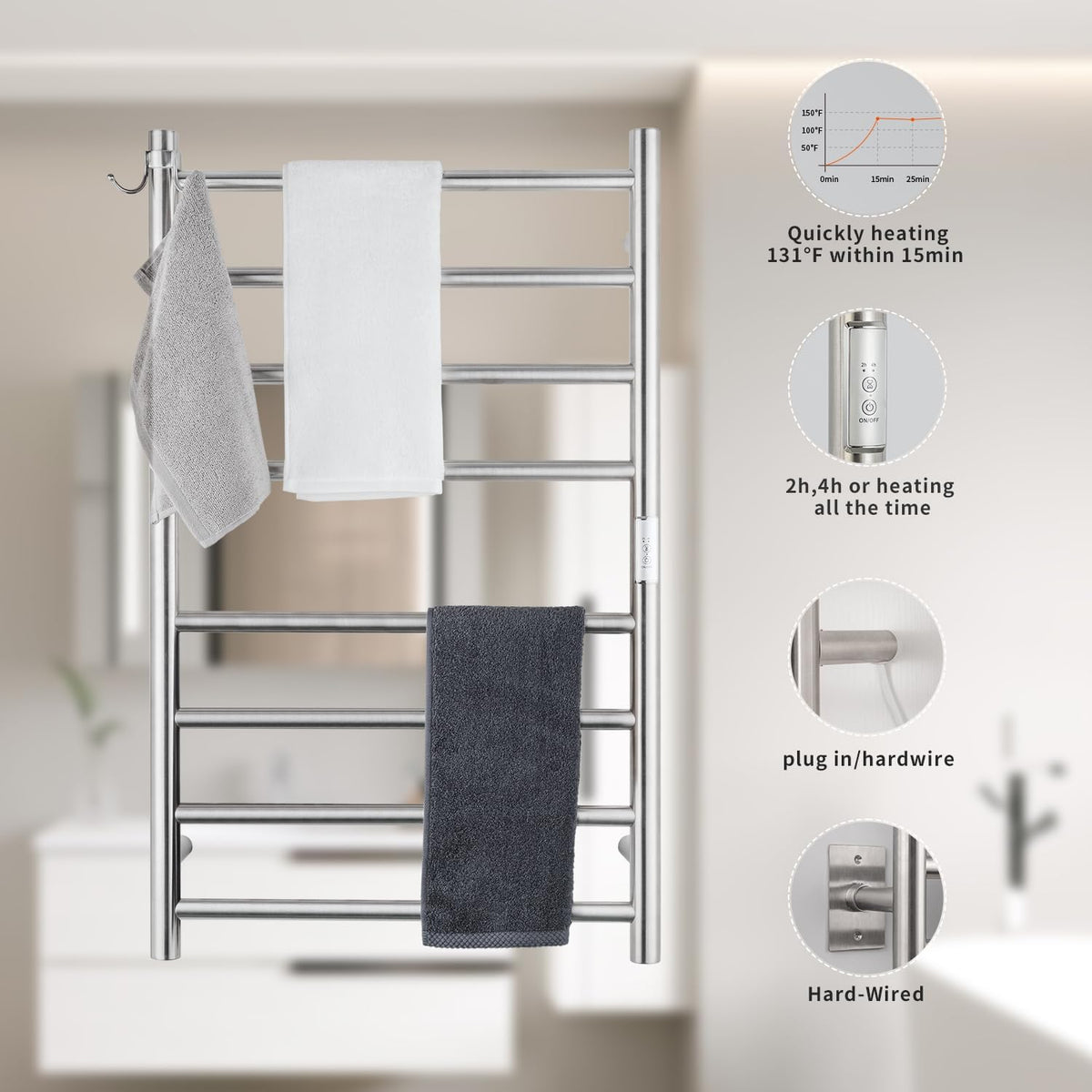 8-Bar Wall-Mounted Towel Warmer, Plug/Hardwired, 3 Timers | can be surface-mounted or flush-mounted, with