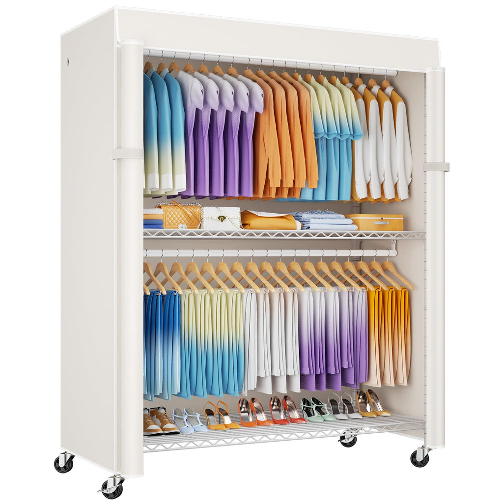 P8C Max Heavy Duty Clothes Rack（With Extended Width Design） Rolling Clothing Racks for Hanging Clothes with Lockable
