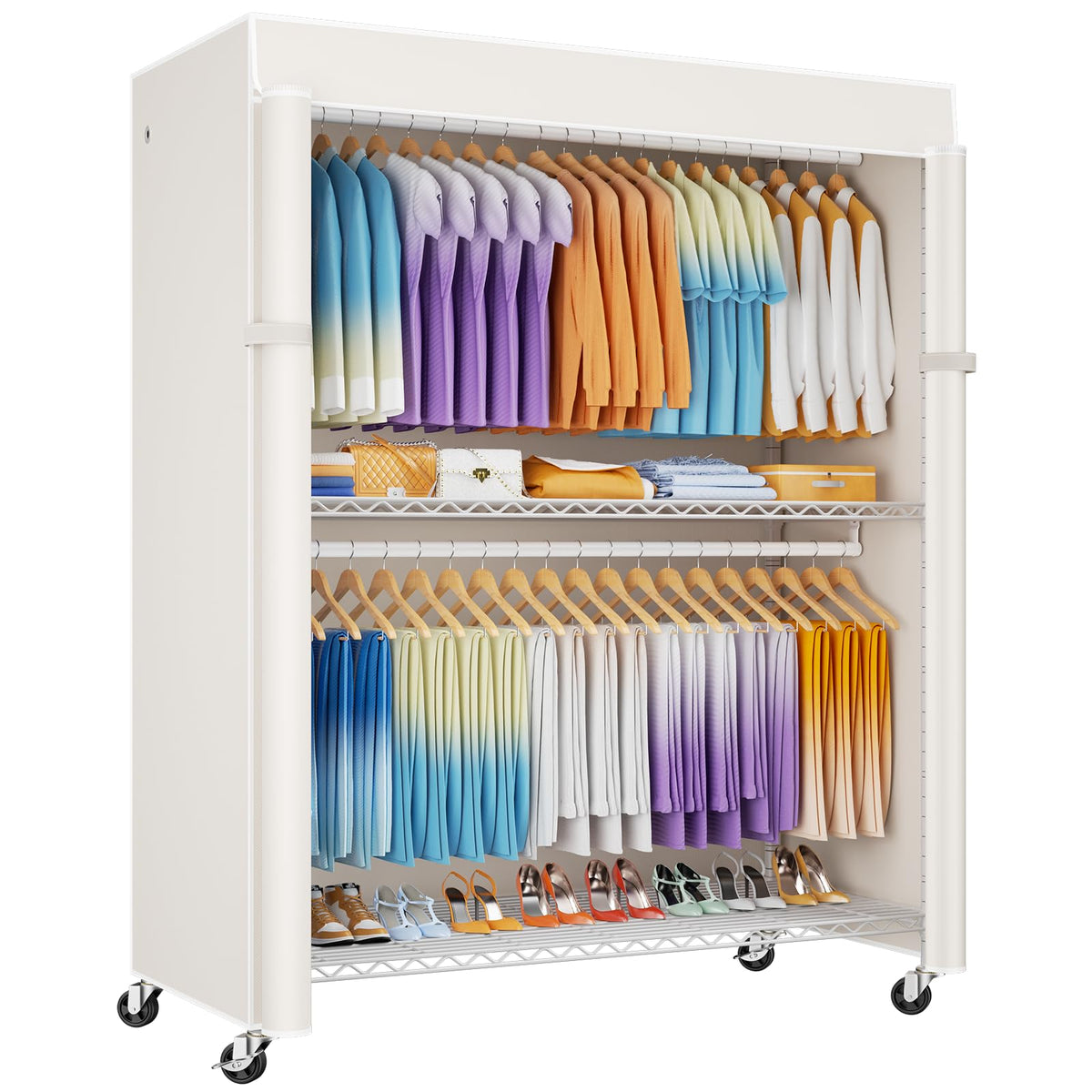 P8C Max Heavy Duty Clothes Rack（With Extended Width Design） Rolling Clothing Racks for Hanging Clothes with Lockable