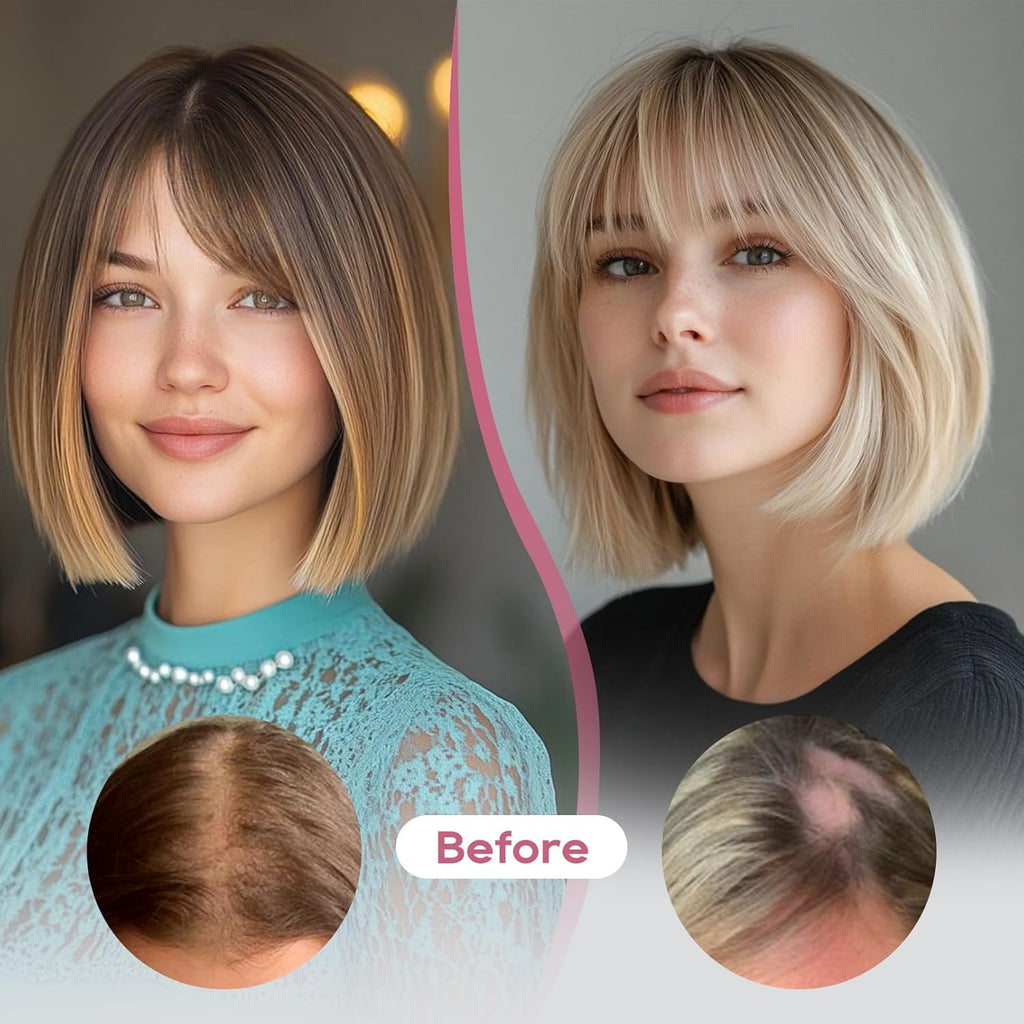 Hair Toppers for Women Real Human Hair, Seamless Human Hair Toppers with Bangs, 360° 3D Cover Clip in Bangs Hair