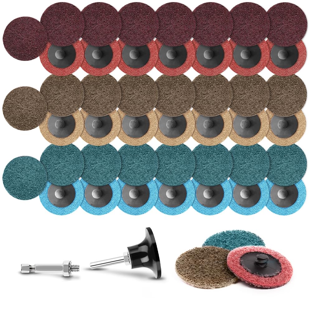 45Pcs 2 inch Nylon Surface Conditioning Quick Change Sanding Discs R-Type with Adapter & Backing Pad（Brown Coarse,Maroon Medium & Blue Fine,15 Disc Each）