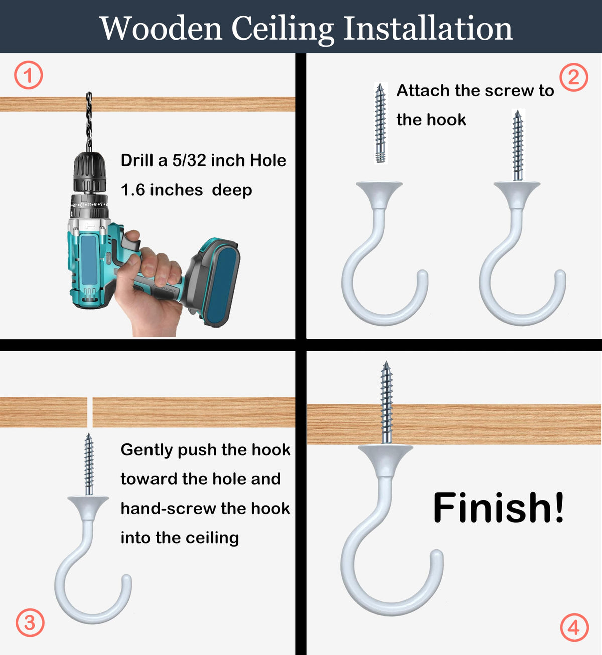 Heavy Duty Ceiling Hooks for Hanging Plants 4 Pack (White)
