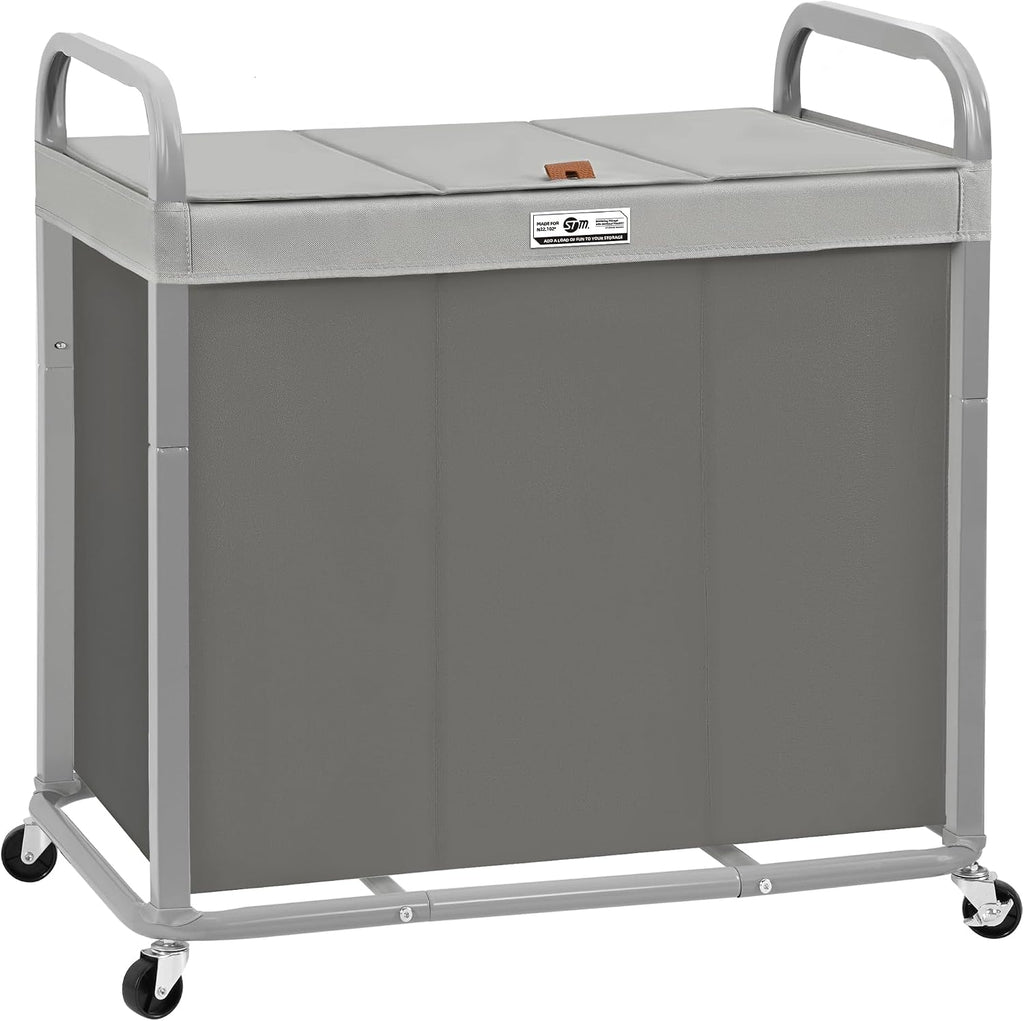 3 Section Laundry Sorter, 60 Gal. Laundry Hamper Cart with Heavy Duty Rolling Lockable Wheels and Removable Bags