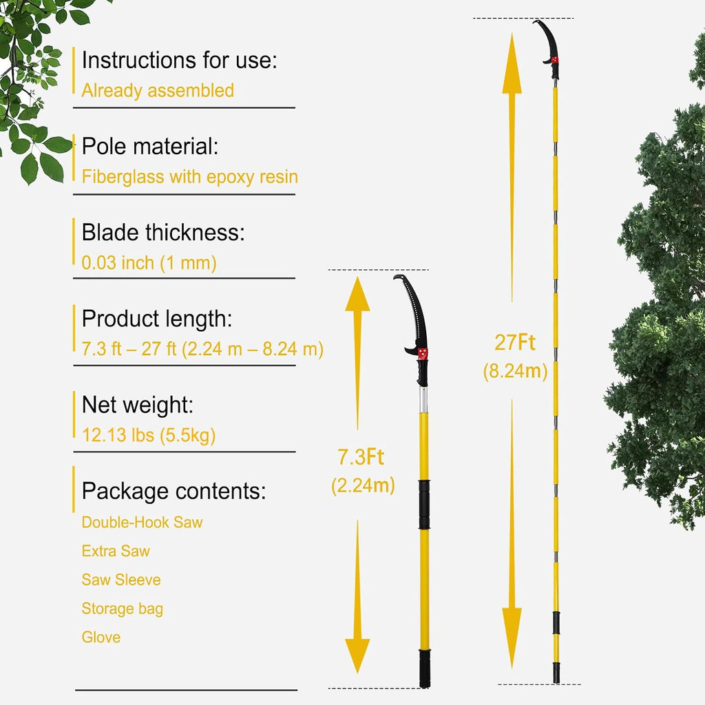 Manual Pole Saw,7.3-27 ft Adjustable Extendable Tree Pruner,High Carbon Steel Double-Hook Blade,Lightweight 8