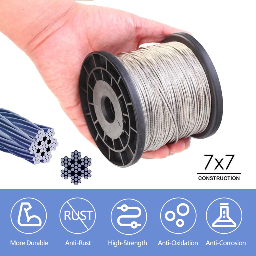 Wire Rope Crimping Tool Kit, with 1/16-304 Stainless Steel Cable 165 ft (7x7 Strand Core), 100 Cable Ferrule Aluminum Loop Sleeve Stops