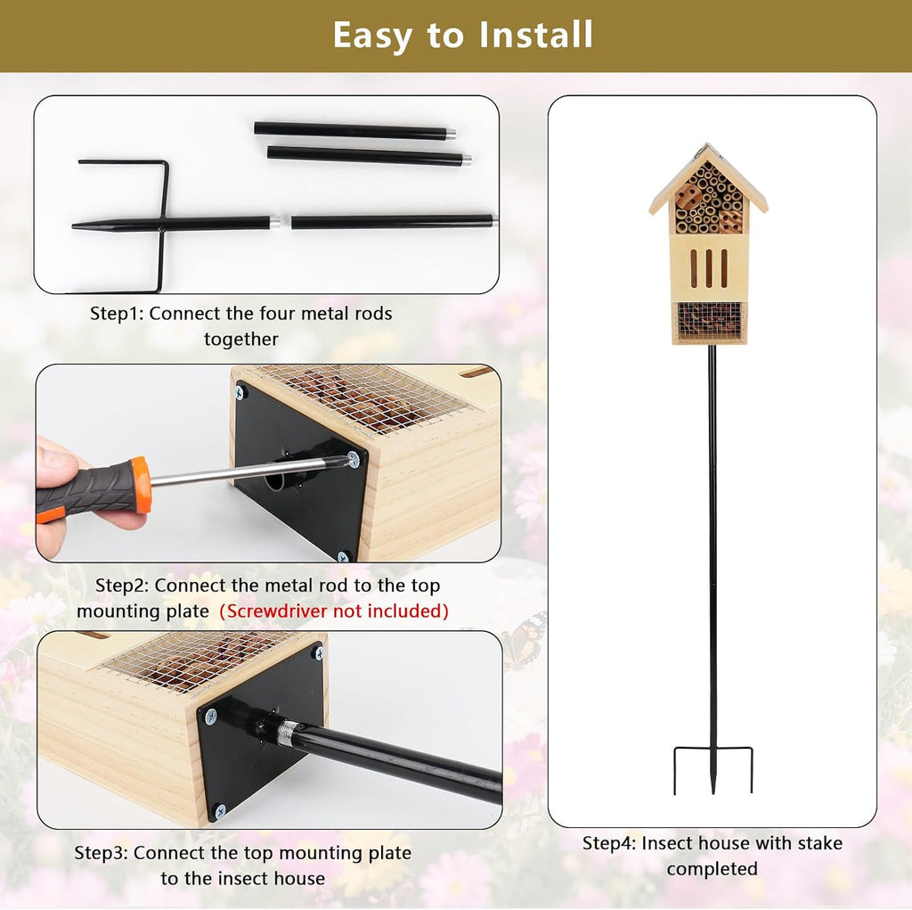 Wooden Insect House, Bee House with Metal Stake for Garden