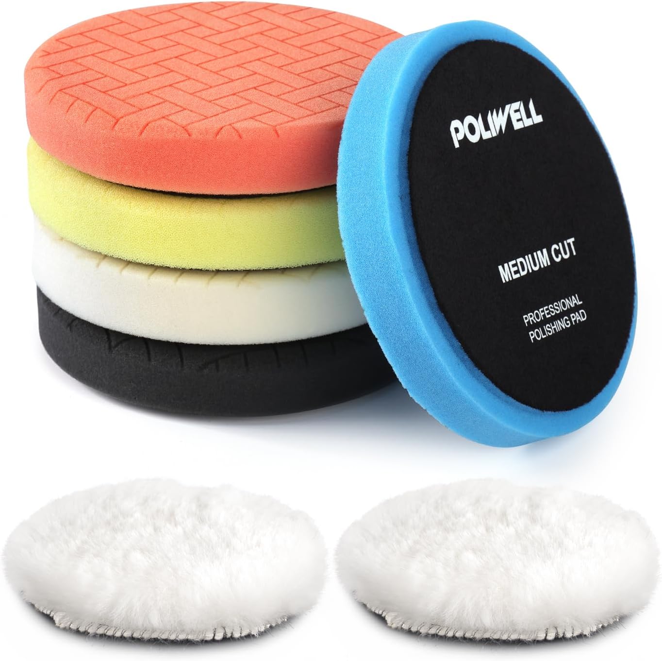 Buffing Polishing Pads 5 Inch, 7Pcs Buffing Sponge Pads Kit 5.5" Face for 5" Backing Plate, Compound Cutting Foam