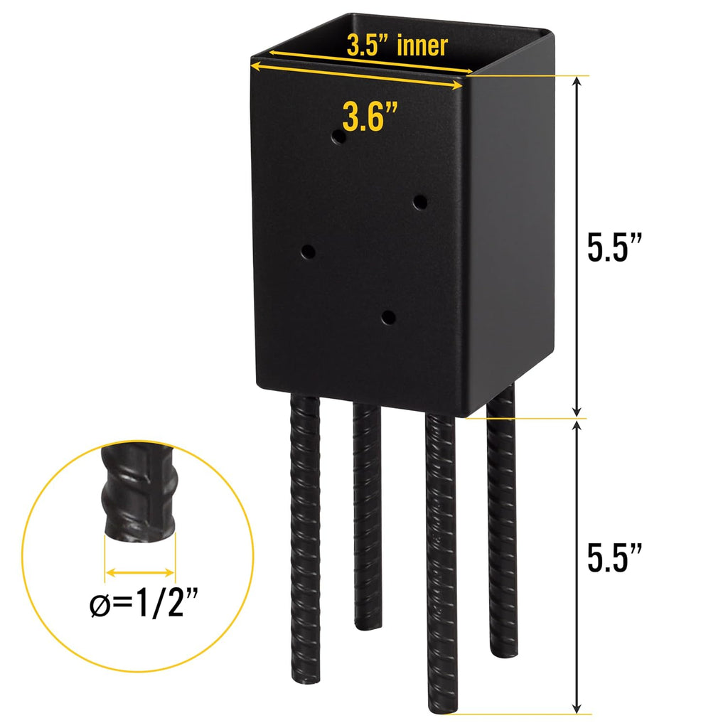 4x4 Post Base Holder Ground Spike Use for Concrete Deck - Post Anchor Brackets Metal Black Powder Coated 4 Inches x 4