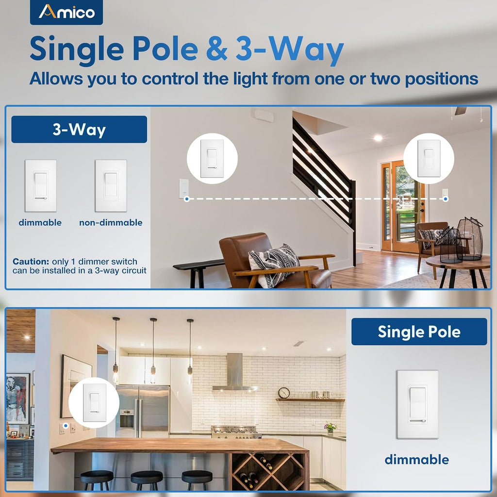 Amico 2 Pack Dimmer Light Switch, 1-Pole or 3-Way, Horizontal Slide, White
