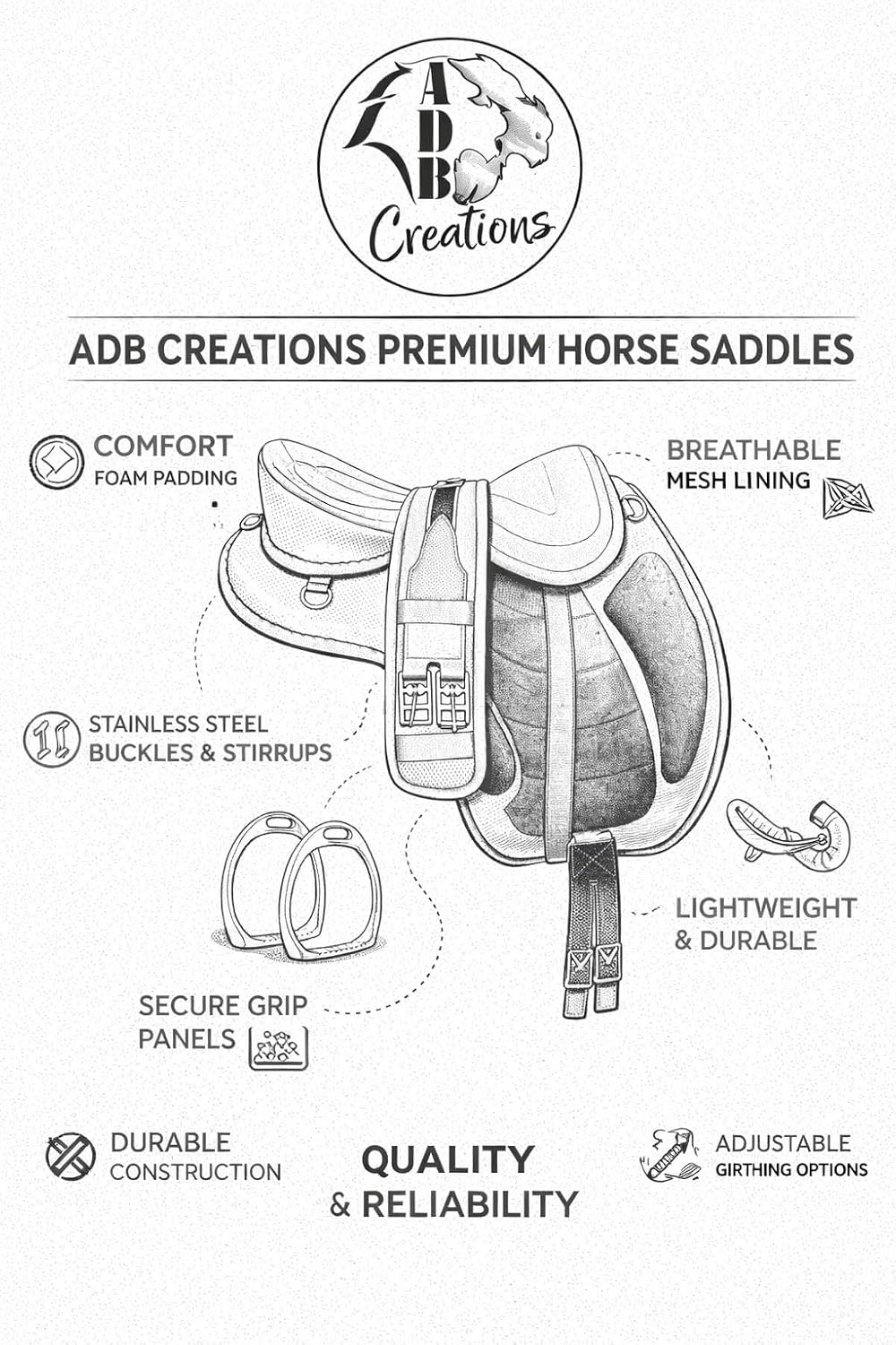 Treeless Freemax English Horse Saddle for Pony & Adult Riders, Lightweight Synthetic All-Purpose Saddle with Girth &
