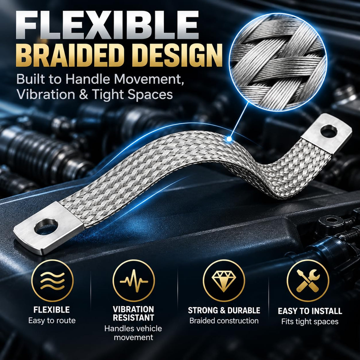 Ground Straps, 1PCS 12 Inch Tin-Plated Copper Braided Engine Ground Strap