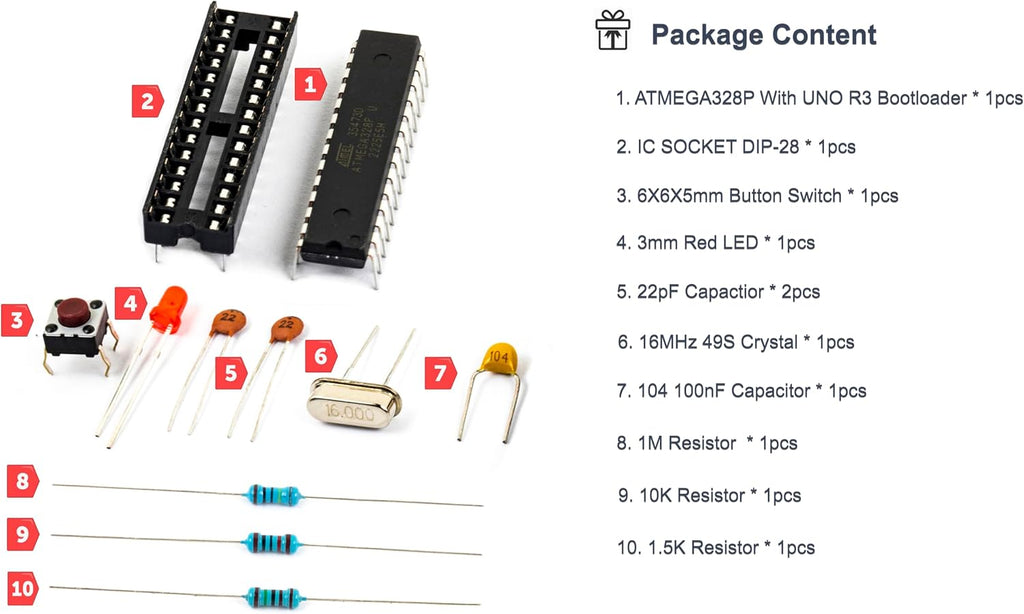 Breadboard Basic Kits for Arduino Project Atmega328P-PU Atmega328p with Uno R3 Bootloader, Dip28 Socket,16MHz Crystal, 1M Resistor, 100nF Capacitor, Reset Tactile Switch