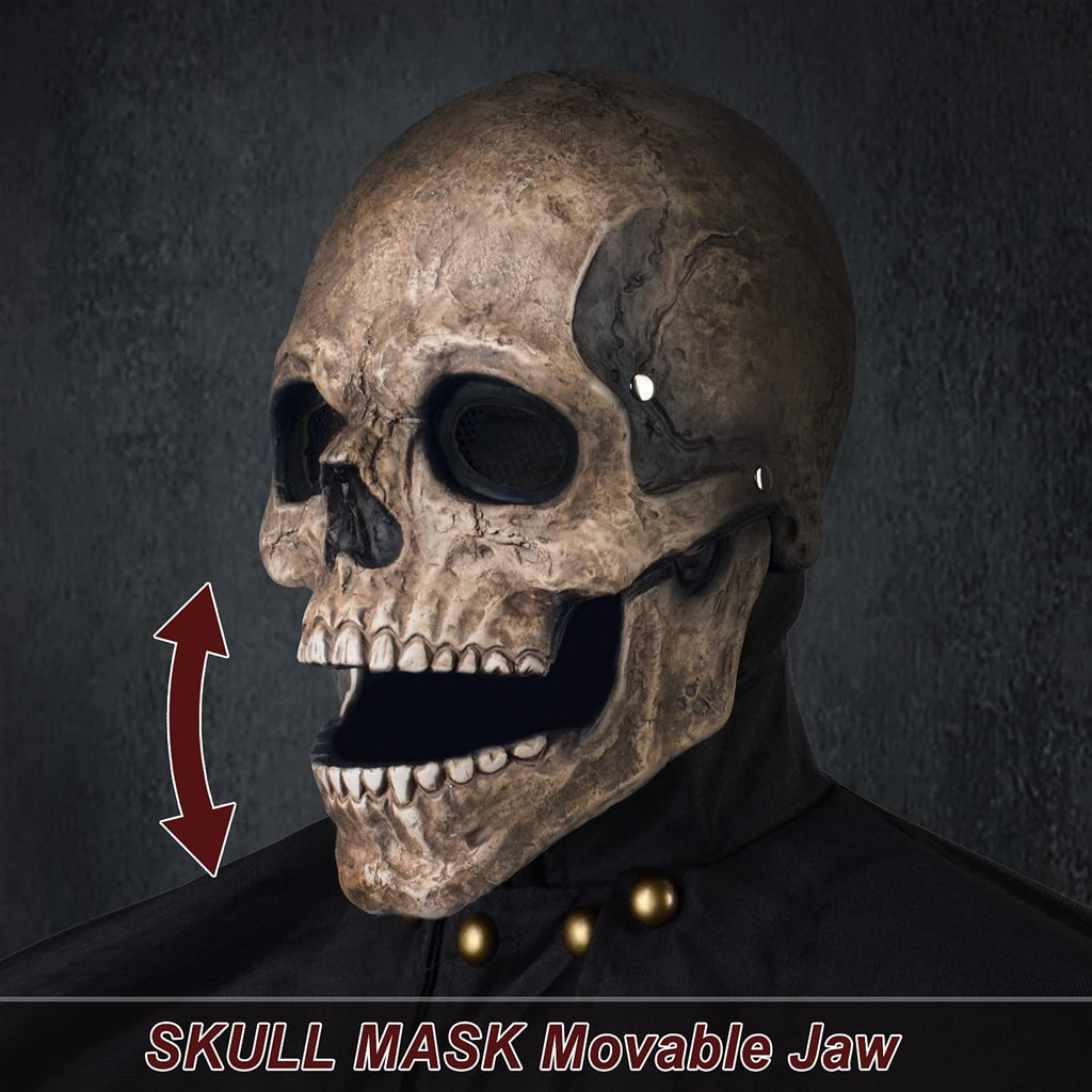 Creepy Halloween Full Head Skull Mask with Movable Jaw, Adult Entire Head Realistic Latex Helmet, Scary Skeleton