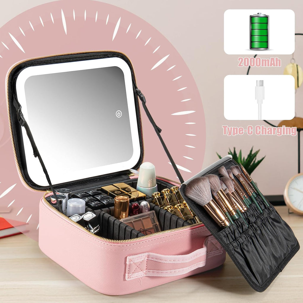 Makeup Travel Train Case with Mirror LED Light 3 Adjustable Brightness Large Cosmetic Bag Portable Storage Adjustable