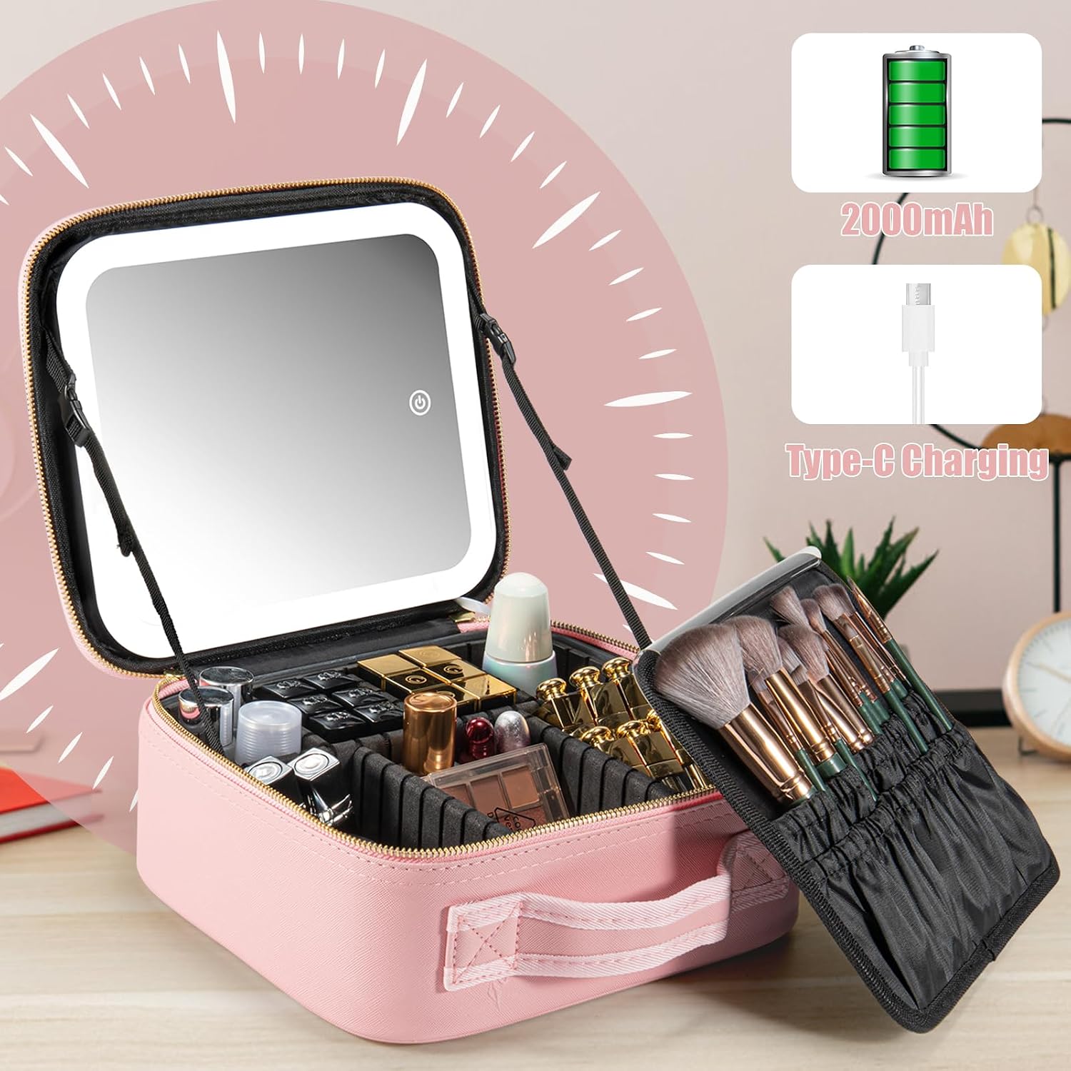 Makeup Travel Train Case with Mirror LED Light 3 Adjustable Brightness Large Cosmetic Bag Portable Storage Adjustable