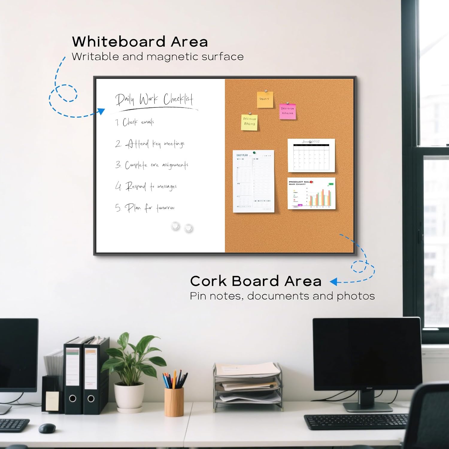 White Board Cork Board Combo, 24" x 18" Magnetic Dry Erase Board & Corkboard for Wall, Bulletin Board Vision Board