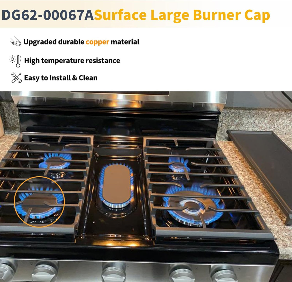 Allstare DG62-00067A Surface Large Burner Cap Replacement for Samsung Gas Range Parts NX58H5600SS/AA NX60T8311SS/AA NX60A6511SS/AA 3.74 Inch Samsung Gas Stove Burner Flame Cap Range Burner Head 1 Pc