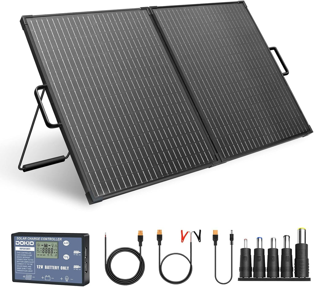 100W Foldable Solar Panel Suitcase with 10A Controller, Gray | Folds to 19.3 x 23.8 in and weighs 10.1 lb; waterproof
